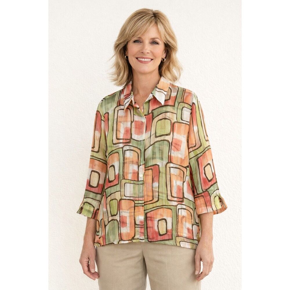 Alfred Dunner Women’s Blouse Size 16  Green Peach Abstract Print 3/4 Sleeve Top